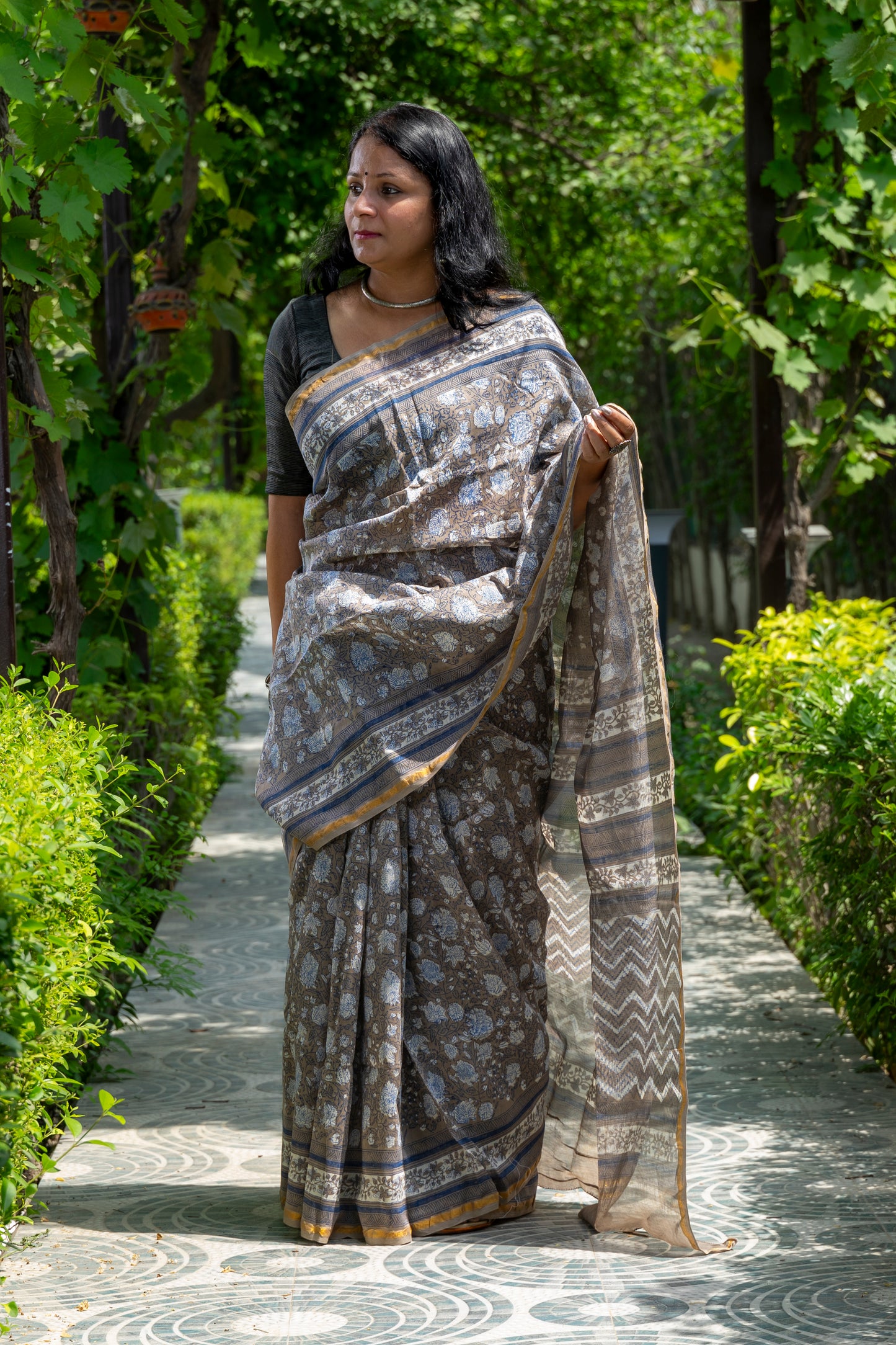 INDIGO GREY FLORAL BLOCK PRINT CHANDERI SARI