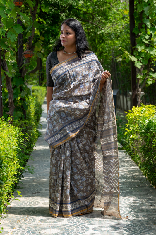 INDIGO GREY FLORAL BLOCK PRINT CHANDERI SARI