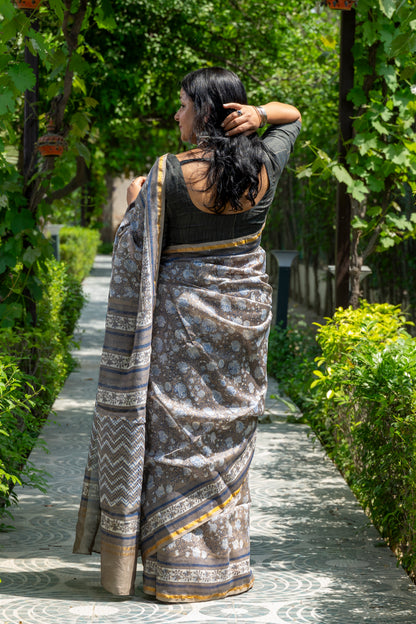 INDIGO GREY FLORAL BLOCK PRINT CHANDERI SARI