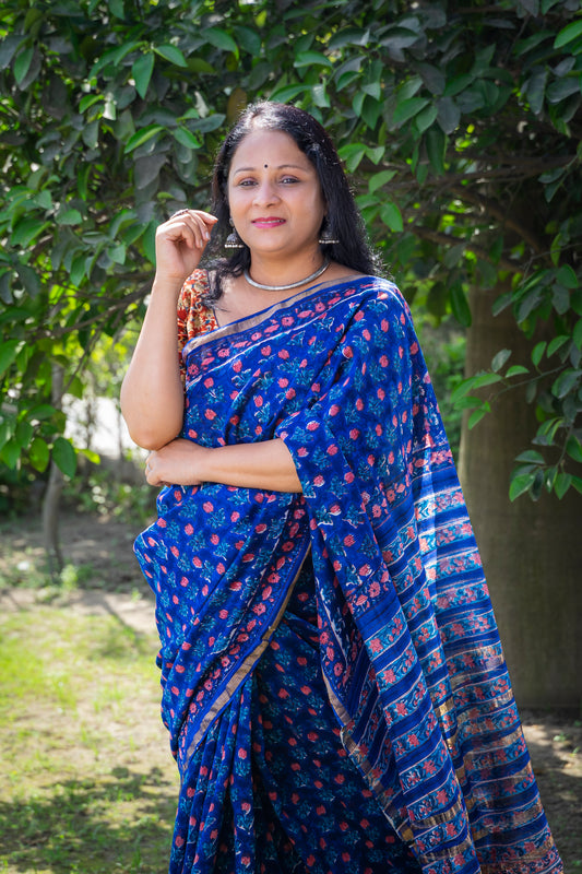 BLUE RED FLORAL HAND BLOCK PRINT CHANDERI SARI