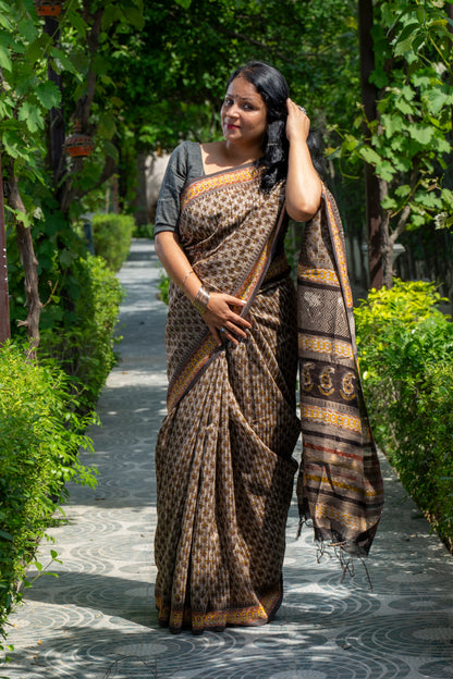 LIGHT BROWN-MAROON FLOWER BLOCK PRINT CHANDERI SARI