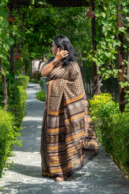 LIGHT BROWN-MAROON FLOWER BLOCK PRINT CHANDERI SARI
