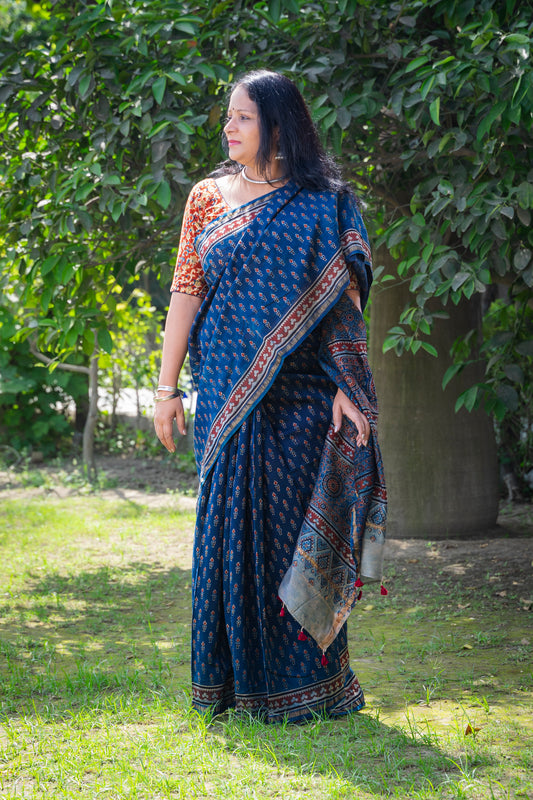 INDIGO RED FLOWER AJRAKH BLOCK PRINT SARI