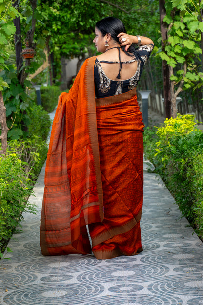 HOT ORANGE BLOCK PRINT CHANDERI SARI