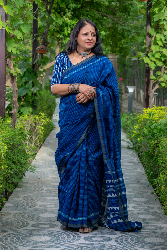 INDIGO WHITE CHECK BLOCK PRINT CHANDERI SARI