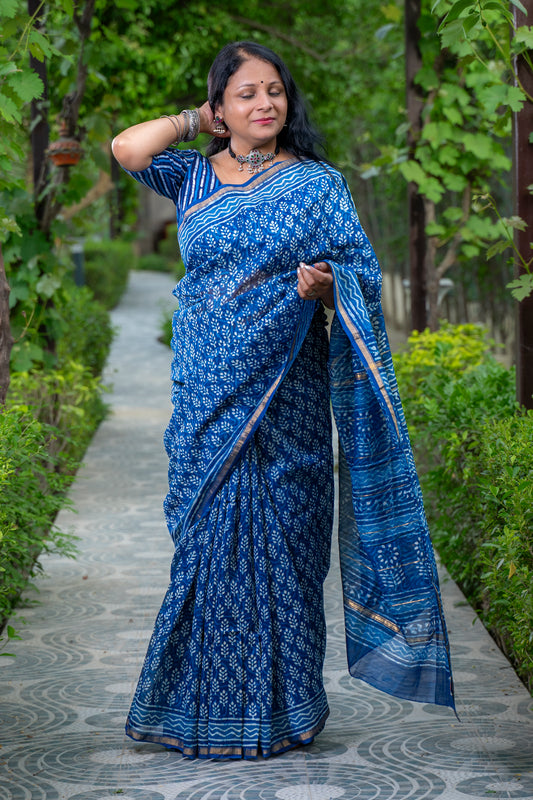 INDIGO WHITE MOTIF BLOCK PRINT CHANDERI SARI