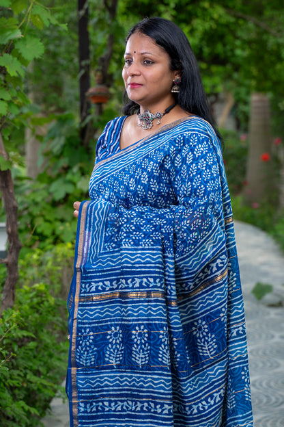INDIGO WHITE MOTIF BLOCK PRINT CHANDERI SARI