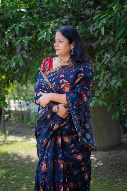 RED INDIGO BLOCK PRINT MAHESHWARI SILK COTTON SARI