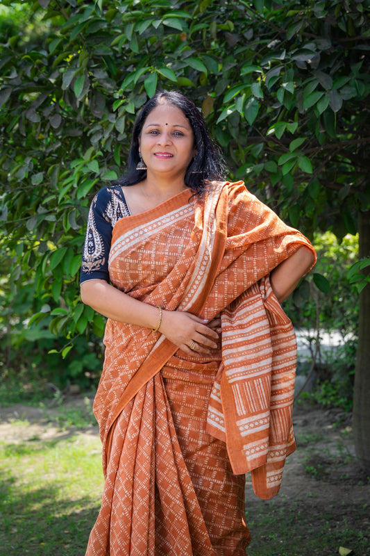 APRICOT-CREAM BLOCK PRINT CHANDERI SARI