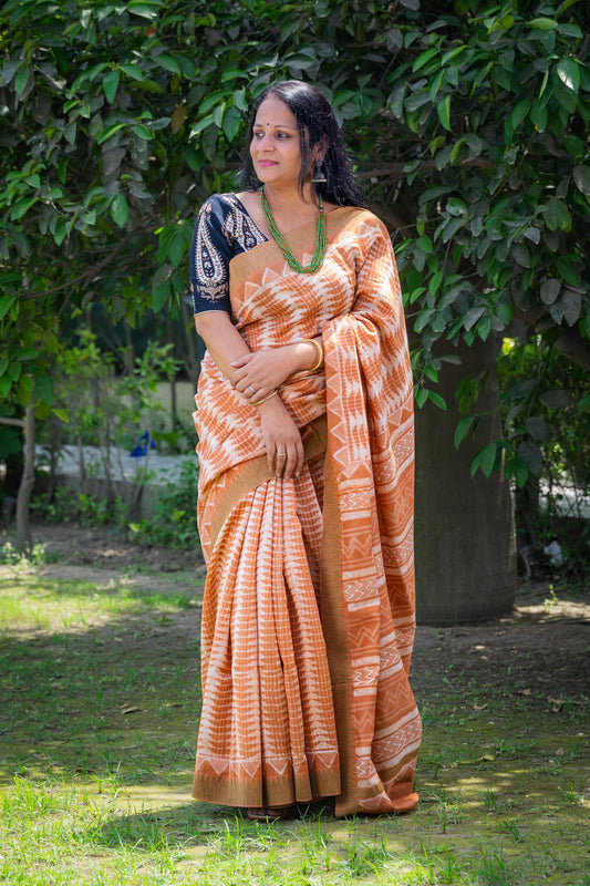 APRICOT WHITE BLOCK PRINT CHANDERI SARI
