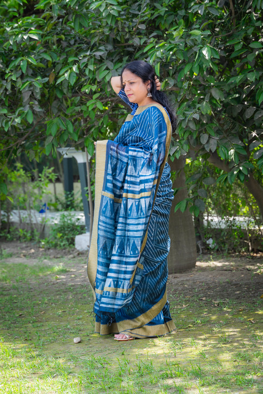 GREYISH BLUE SHIBORI CHANDERI SARI