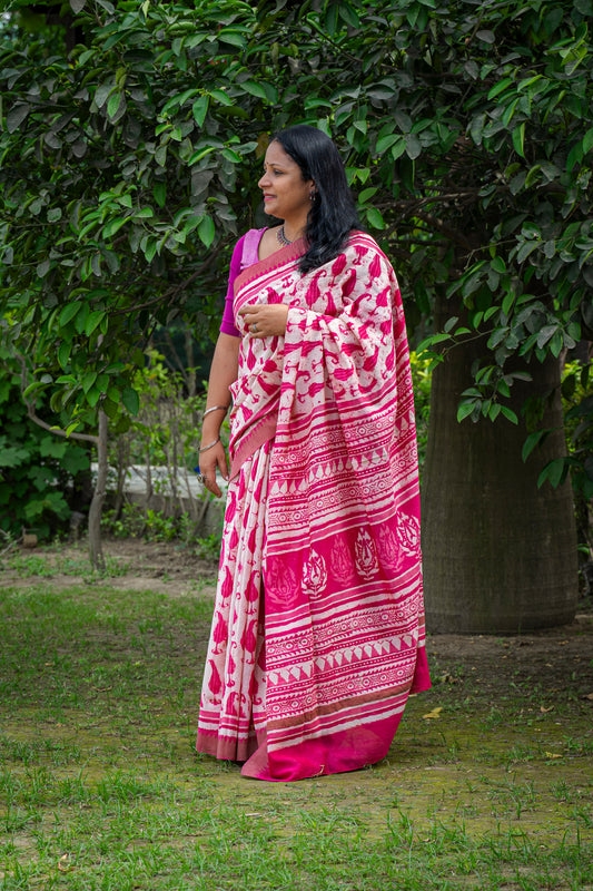 PINK-WHITE PAISLEY BLOCK PRINT CHANDERI SARI