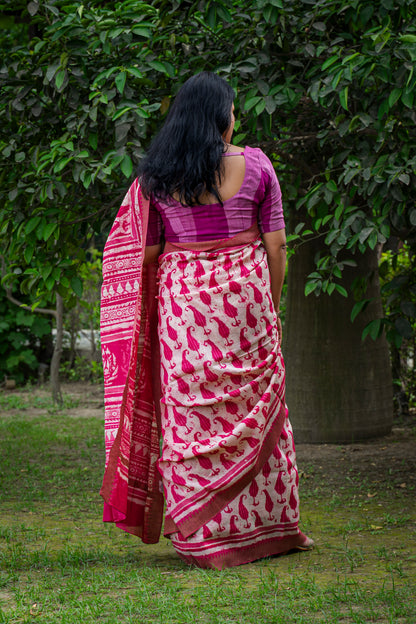 PINK-WHITE PAISLEY BLOCK PRINT CHANDERI SARI