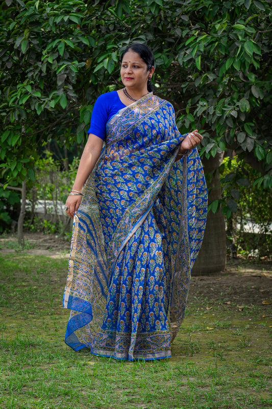 BLUE FLORAL BLOCK PRINT KOTA SILK SARI