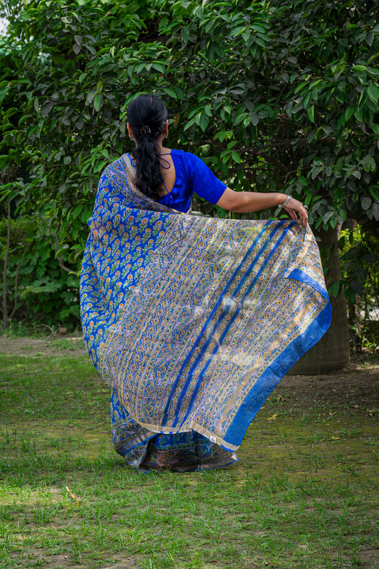 BLUE FLORAL BLOCK PRINT KOTA SILK SARI