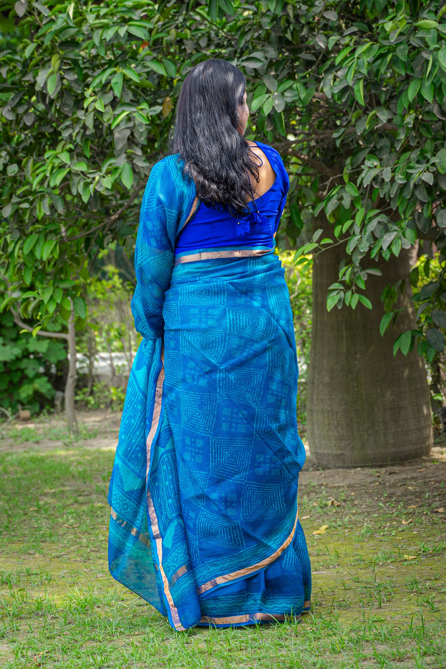 BLUE GEOMETRIC PATTERN BLOCK PRINT KOTA SILK SARI