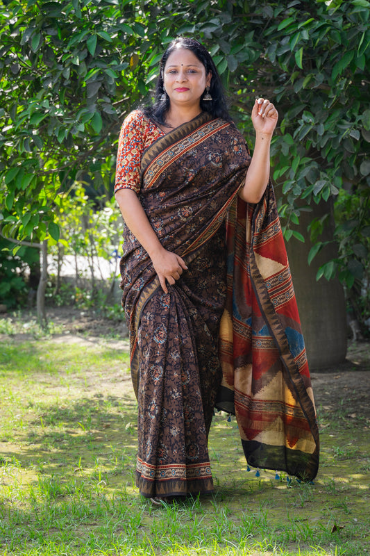 BLACK BROWN AJRAKH BLOCK PRINT SARI