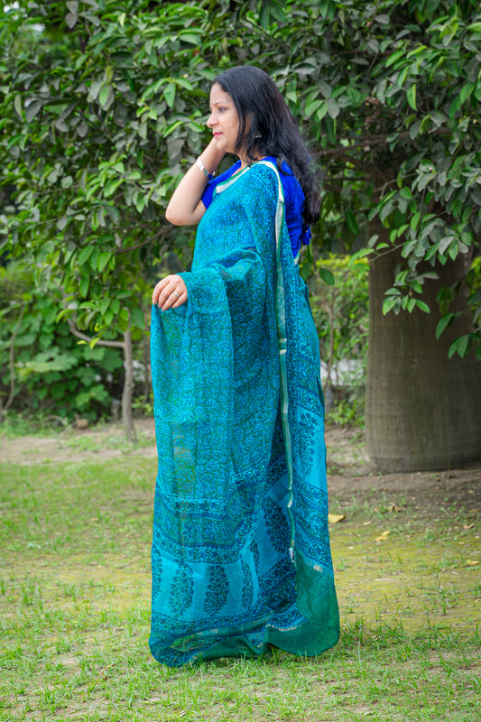 GREENISH BLUE FLORAL BLOCK PRINT KOTA SILK SARI