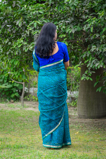 GREENISH BLUE FLORAL BLOCK PRINT KOTA SILK SARI