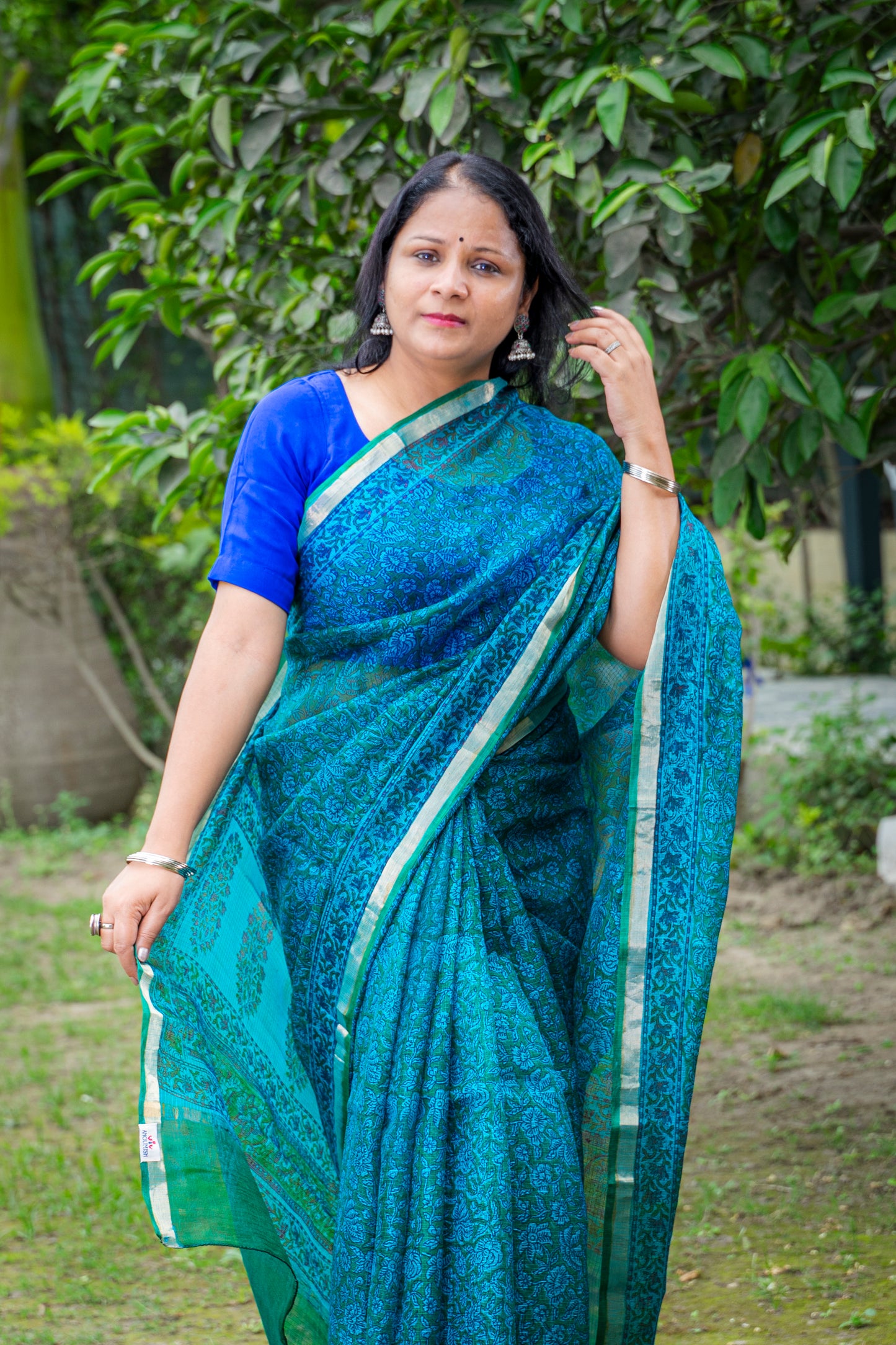 GREENISH BLUE FLORAL BLOCK PRINT KOTA SILK SARI