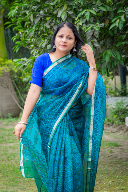 GREENISH BLUE FLORAL BLOCK PRINT KOTA SILK SARI