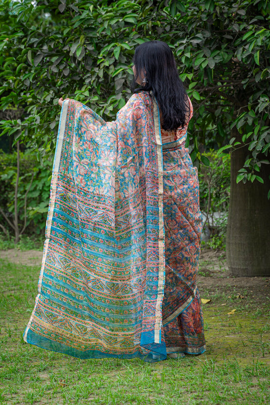 BLUE PEACH FLORAL BLOCK PRINT KOTA SILK SARI