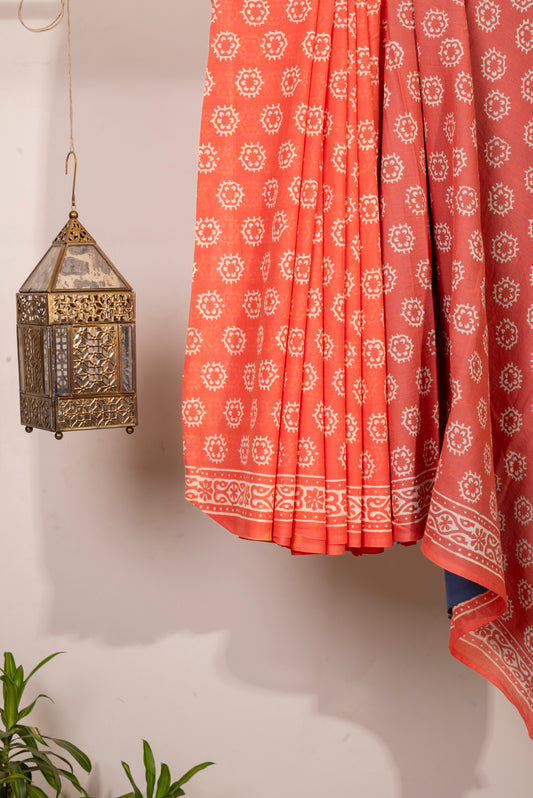 CORAL WHITE BLOCK PRINT COTTON SARI