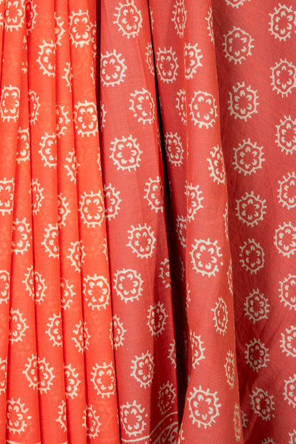 CORAL WHITE BLOCK PRINT COTTON SARI