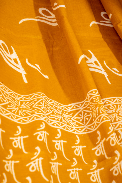 YELLOW 'MAA' BLOCK PRINT COTTON SARI