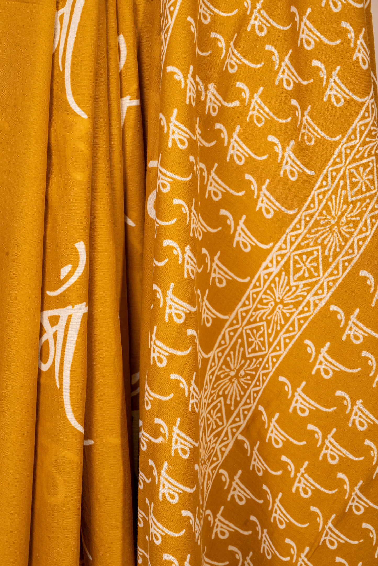 YELLOW 'MAA' BLOCK PRINT COTTON SARI