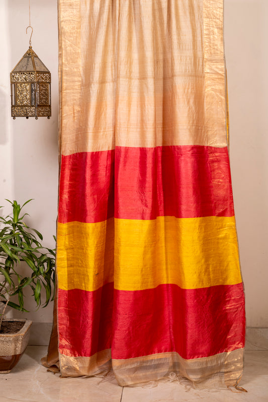 IVORY WITH RED YELLOW PALLU TUSSAR SARI