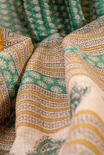 GREEN WHITE FLORAL BLOCK PRINT KOTA DORIA SARI