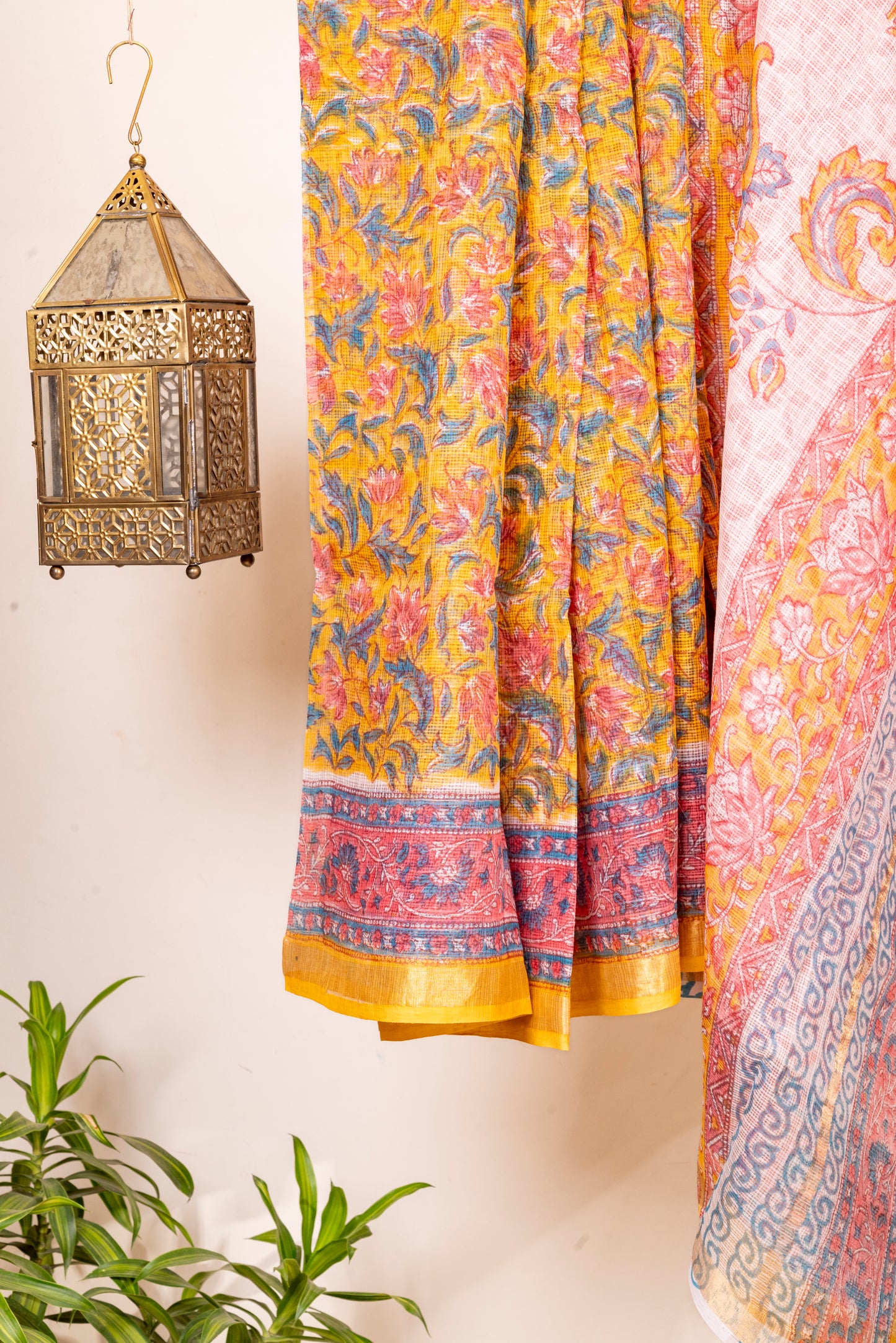 YELLOW PINK FLORAL FLORAL BLOCK PRINT KOTA DORIA SARI