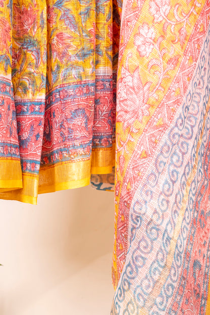 YELLOW PINK FLORAL FLORAL BLOCK PRINT KOTA DORIA SARI