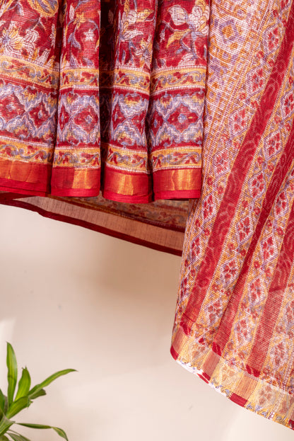 RED YELLOW FLORAL BLOCK PRINT KOTA DORIA SARI