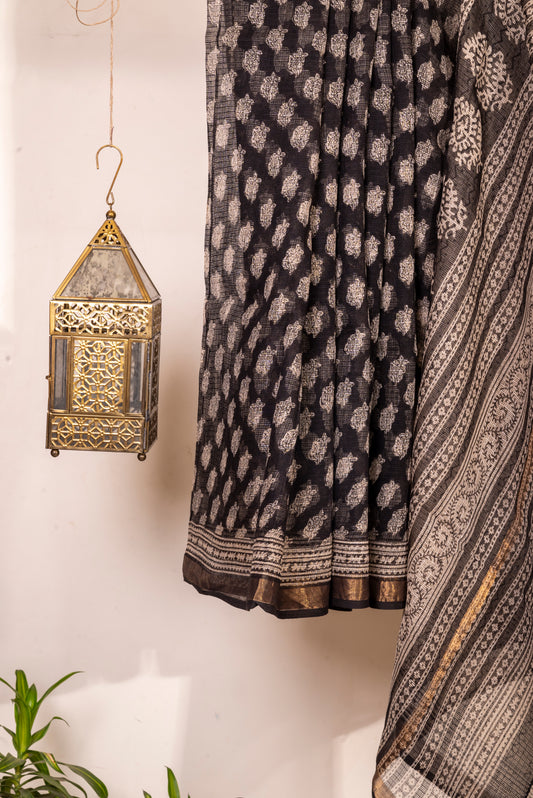 BLACK-WHITE  FLORAL BLOCK PRINT KOTA DORIA SARI
