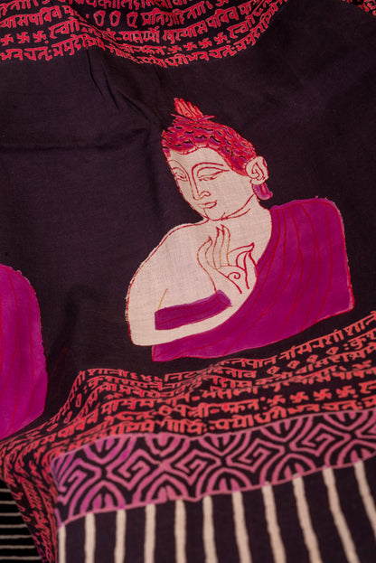 PURPLE BLACK 'BUDHHA' BLOCK PRINT COTTON SARI