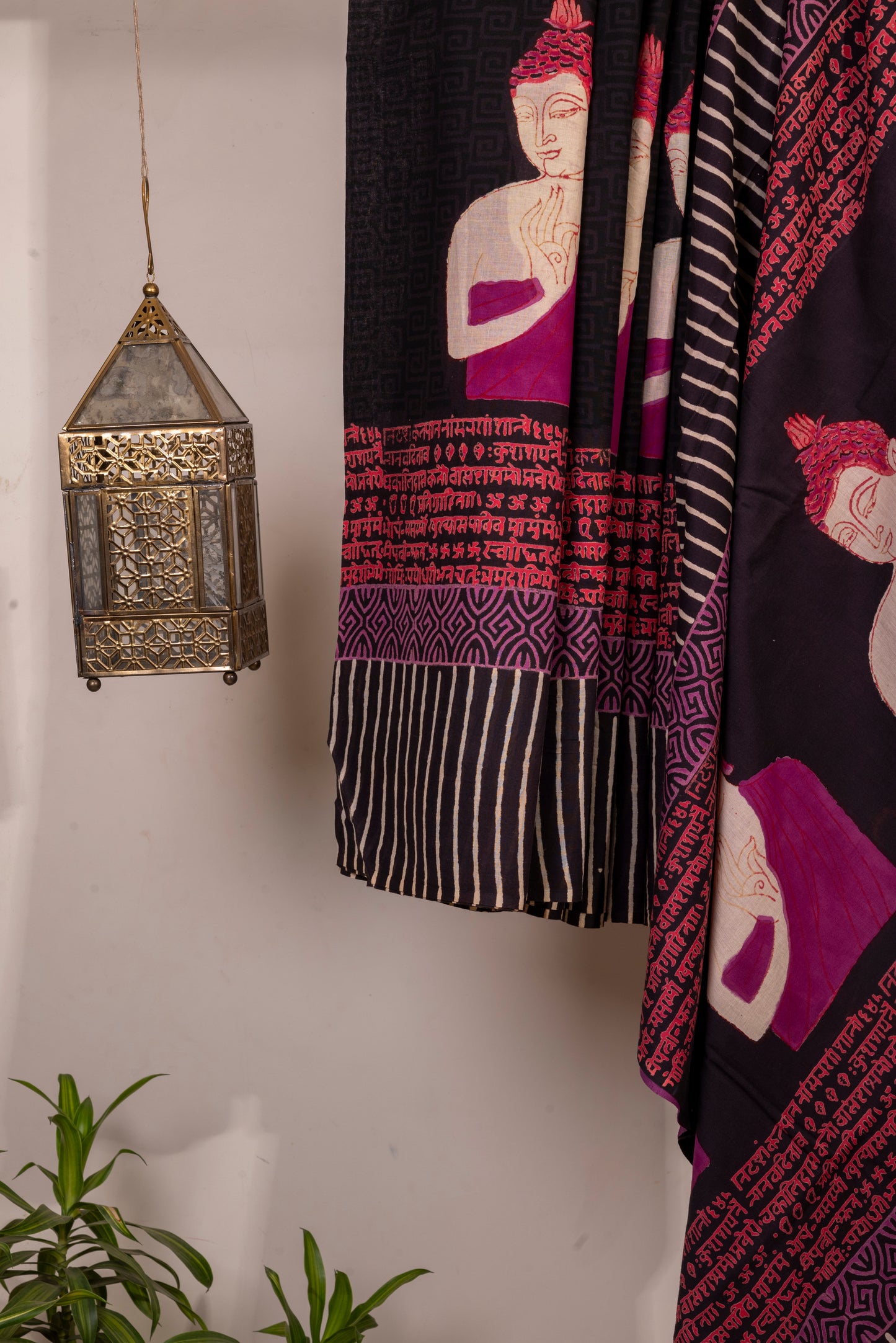 PURPLE BLACK 'BUDHHA' BLOCK PRINT COTTON SARI