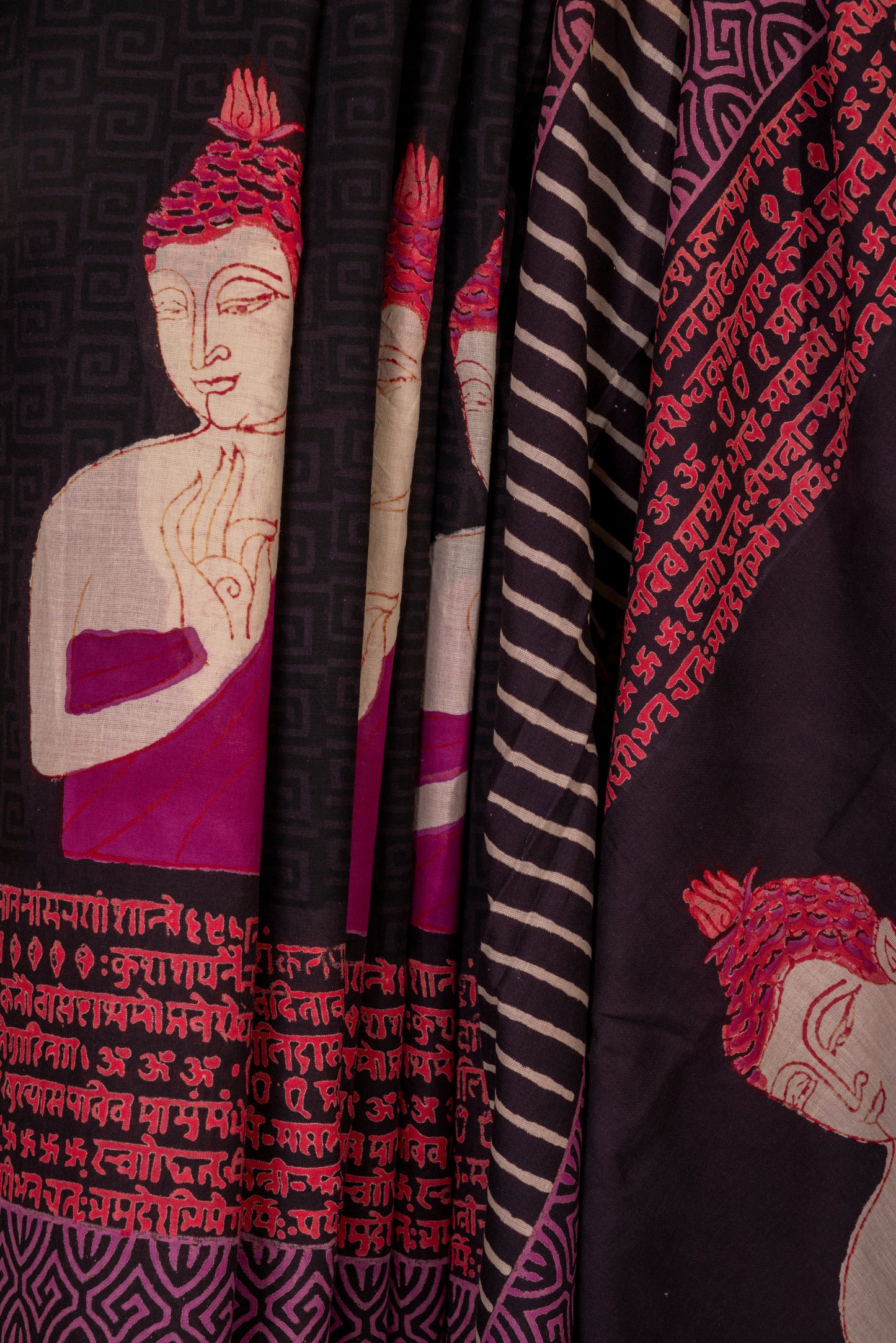 PURPLE BLACK 'BUDHHA' BLOCK PRINT COTTON SARI