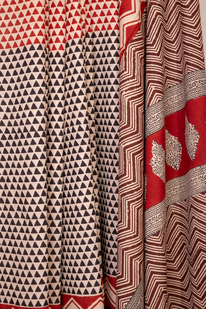 HALF N HALF OFF-WHITE RED BLOCK PRINT COTTON SARI