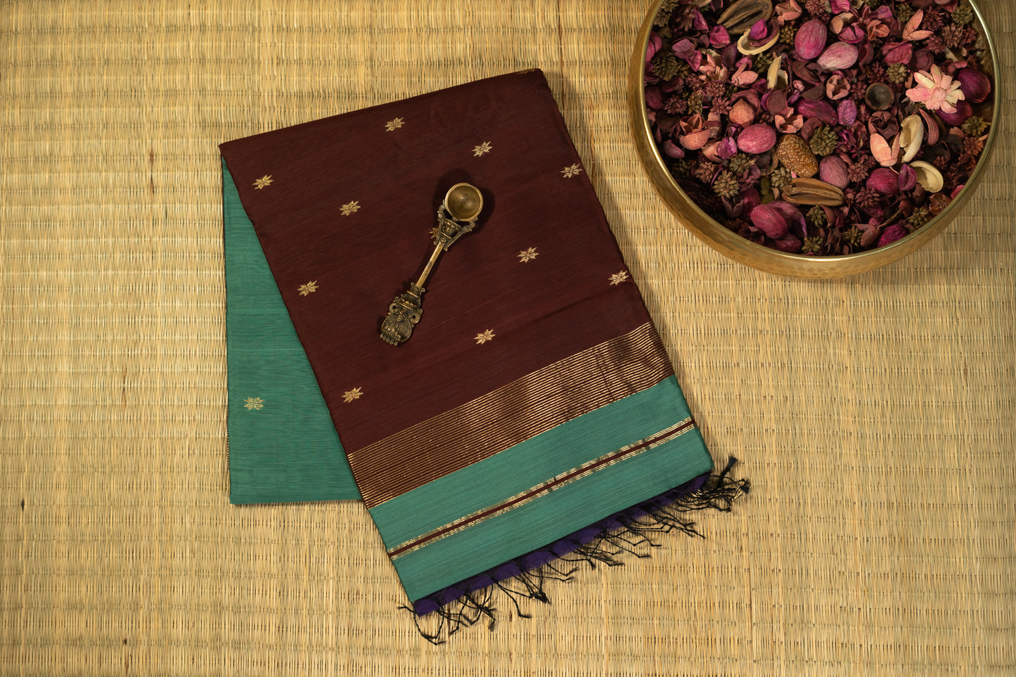 TEAL GREEN AND BROWN MAHESHWARI HANDLOOM SARI